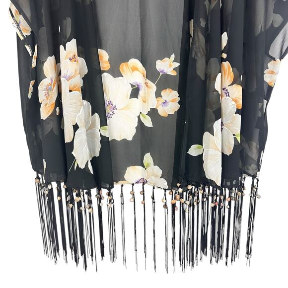 Pia Rossini Black Floral Kimono Tassel Seashells One Size Resortwear Boho Shawl - Picture 6 of 12
